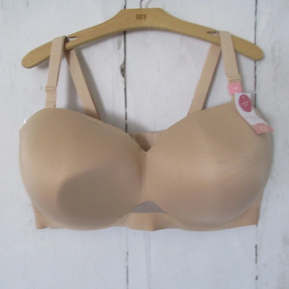 New Cacique Bra 42J Beige Lightly Lined Multi Way Strapless Underwire Plus Size